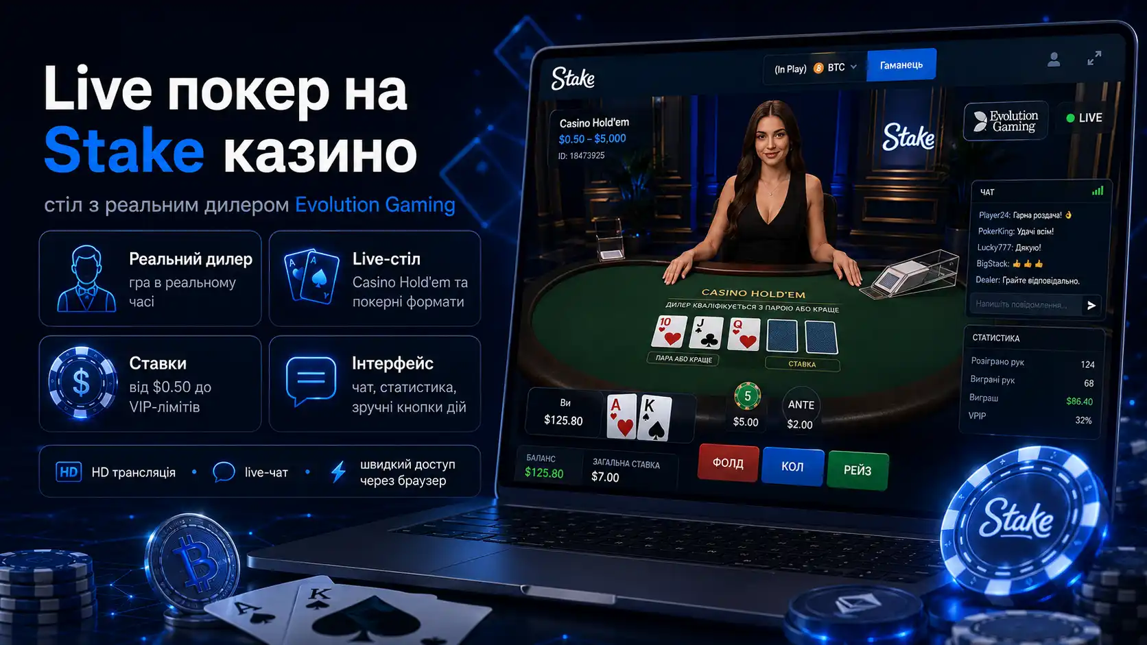 Live покер стіл на Stake казино з реальним дилером Evolution Gaming
