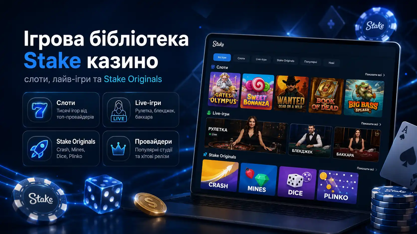Ігрова бібліотека Stake казино &mdash; слоти, лайв-ігри та Stake Originals
